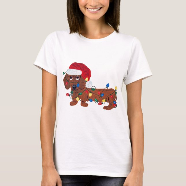 Dachshund Tangled In Christmas Lights (Red) T-Shirt (Front)