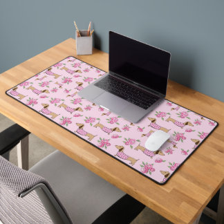 Dachshund themed desk mat | Pink floral peonies