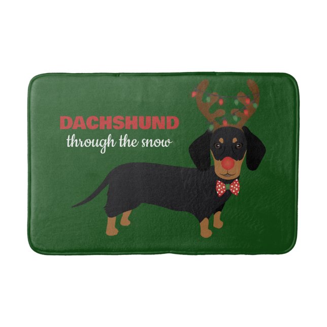 Dachshund Through Snow Cute Doxie Reindeer Dog Bath Mat (Front)