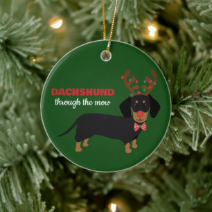 Dachshund Through Snow Cute Doxie Reindeer Dog Ceramic Tree Decoration