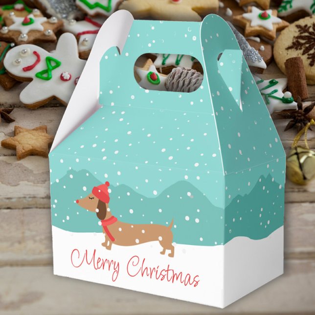 Dachshund Through Snow Merry Christmas Gift Box  (Dachshund Christmas gift boxes and wiener dog holiday treat favor box)