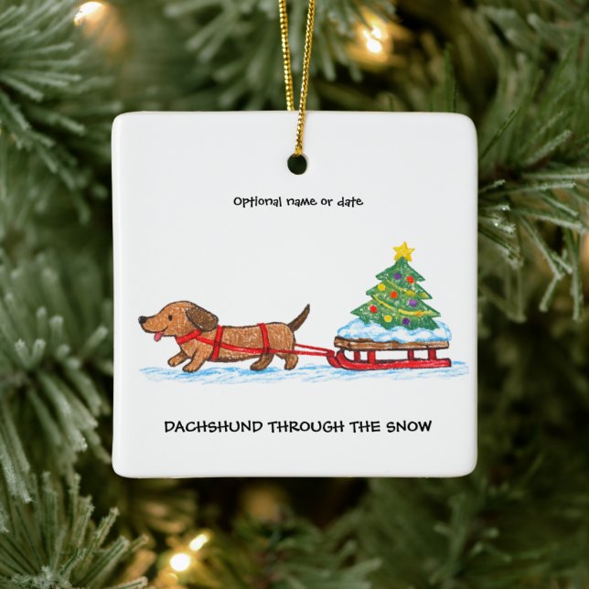 Dachshund Through The Snow Christmas Ceramic Ornament (Tree)