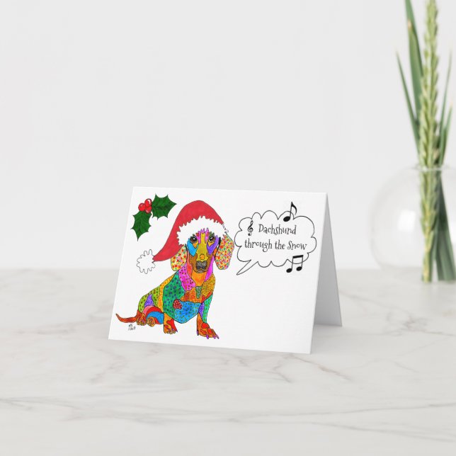 Dachshund Through The Snow Christmas Greeting Card (Front)