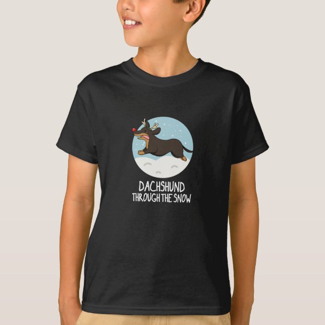 Dachshund Through The Snow Christmas Pun Dark BG T-Shirt (Front)