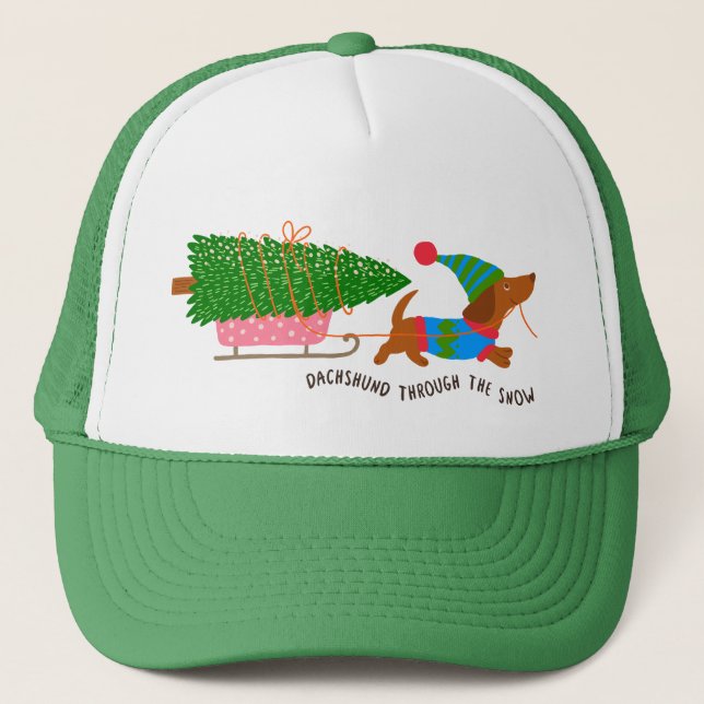 Dachshund Through The Snow Cute Christmas Dog Trucker Hat (Front)