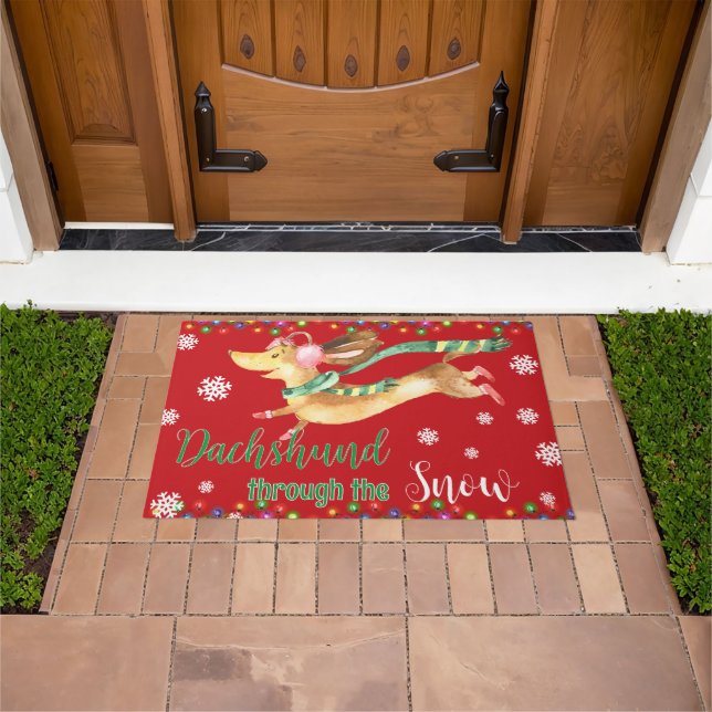 Dachshund Through the Snow Cute Dog Christmas Red Doormat (Outdoor)
