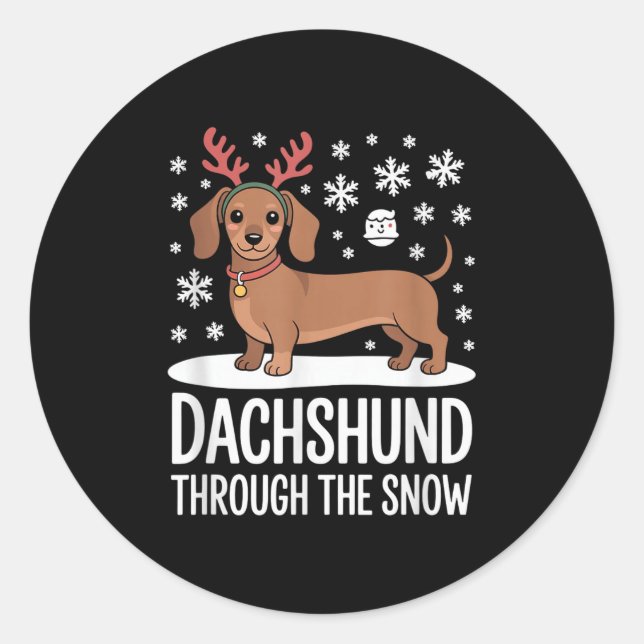 Dachshund Through The Snow Cute Reindeer Christmas Classic Round Sticker (Front)