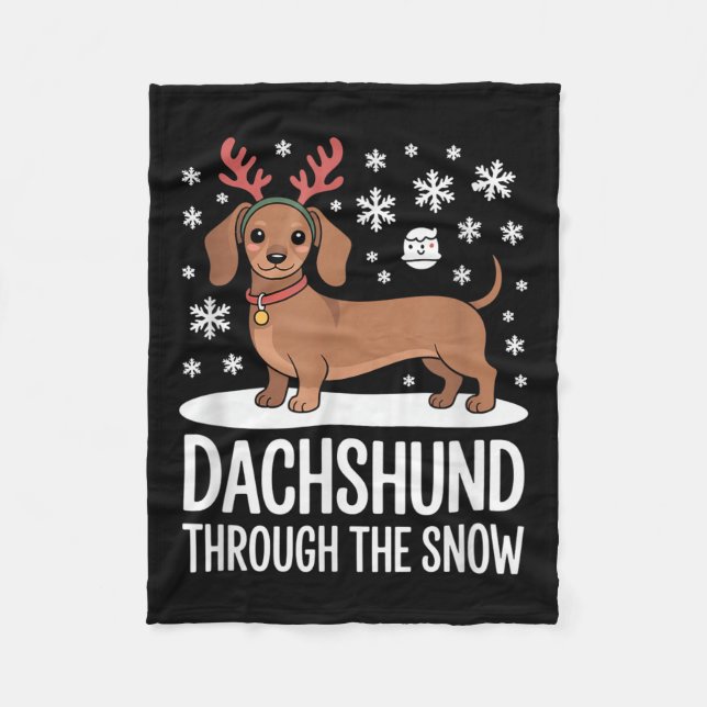 Dachshund Through The Snow Cute Reindeer Christmas Fleece Blanket (Front)