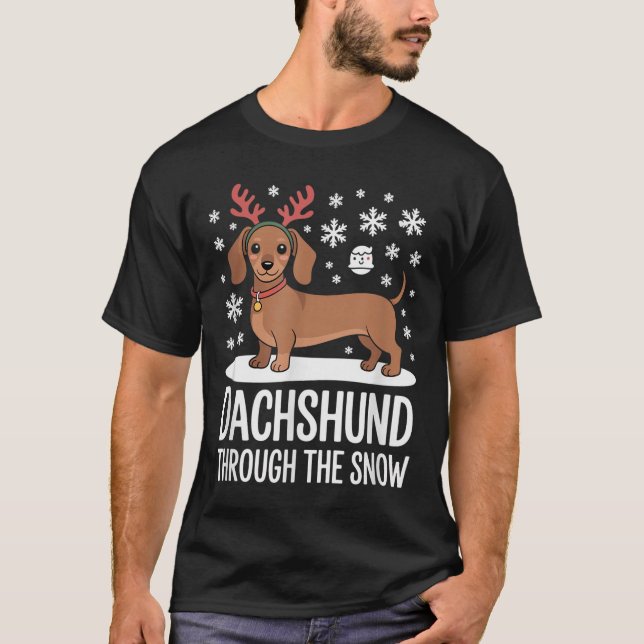 Dachshund Through The Snow Cute Reindeer Christmas T-Shirt (Front)
