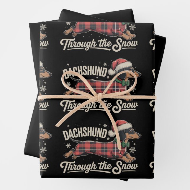 Dachshund Through The Snow Dog Christmas Plaid Wrapping Paper Sheet (In situ)