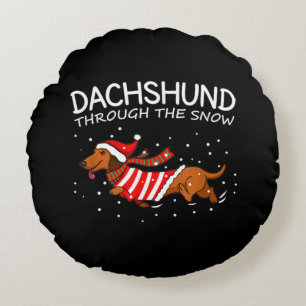Dachshund Through The Snow Funny Dog Christmas Round Cushion