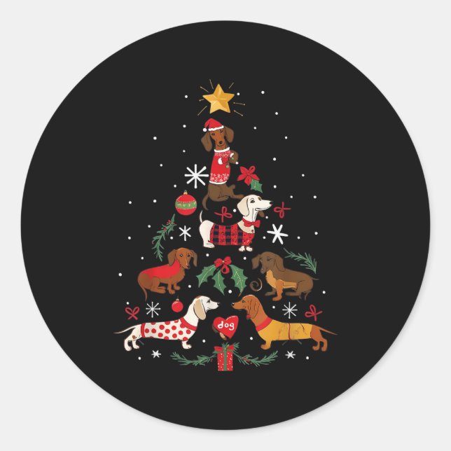 Dachshund Through The Snow Funny Dog Christmas Tre Classic Round Sticker (Front)