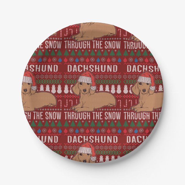 Dachshund Through The Snow Ugly Christmas Sweater Paper Plate (Front)