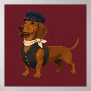 Dachshund Train Conductor Wearing Scarf and Unifor Poster