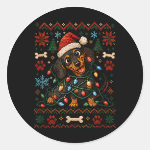 Dachshund Ugly Christmas Knit Dog Mum Santa Hat Classic Round Sticker