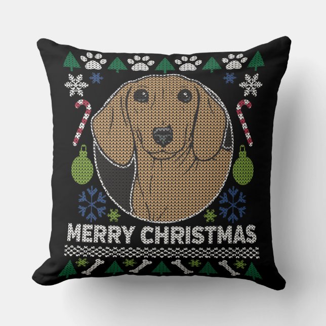 Dachshund Ugly Christmas Sweater Dog Design Cushion (Front)