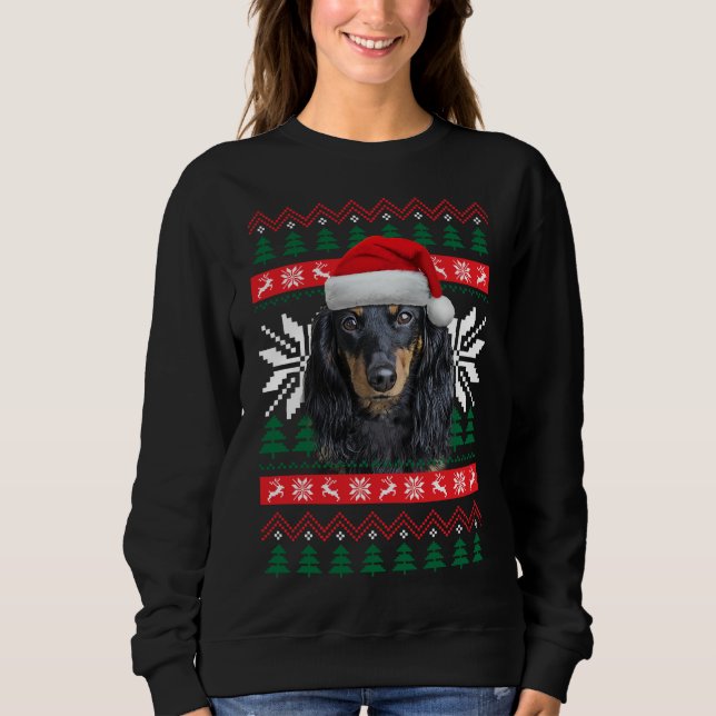 Dachshund Ugly Christmas Sweater Style Santa Hat D (Front)