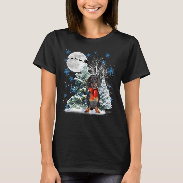 Dachshund Under Moonlight Snow Christmas Pajama T-Shirt (Front)