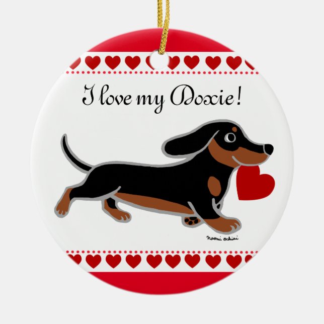 Dachshund Valentine Cartoon Ceramic Tree Decoration (Front)
