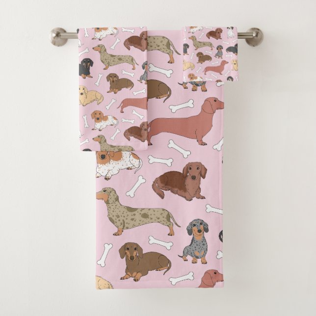 dachshund variety pattern in pink bath towel set (Insitu)