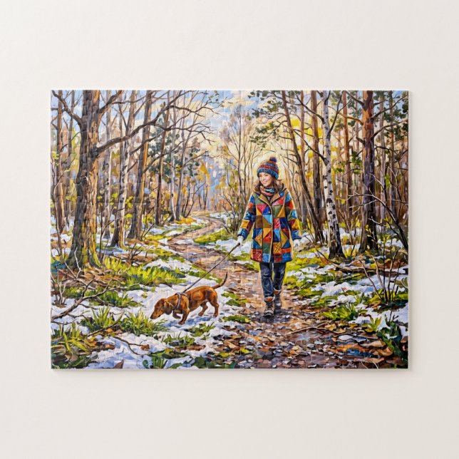 Dachshund Walking Along Sunlit Snowy Forest Path Jigsaw Puzzle (Horizontal)