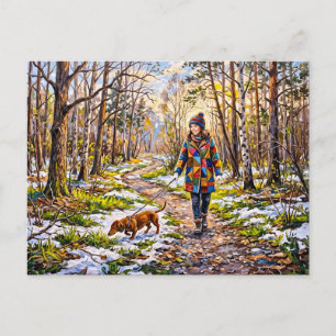 Dachshund Walking Along Sunlit Snowy Forest Path Postcard