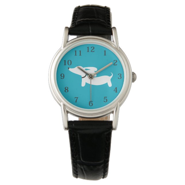 Dachshund Watch Teal Face Leather Band (Front)