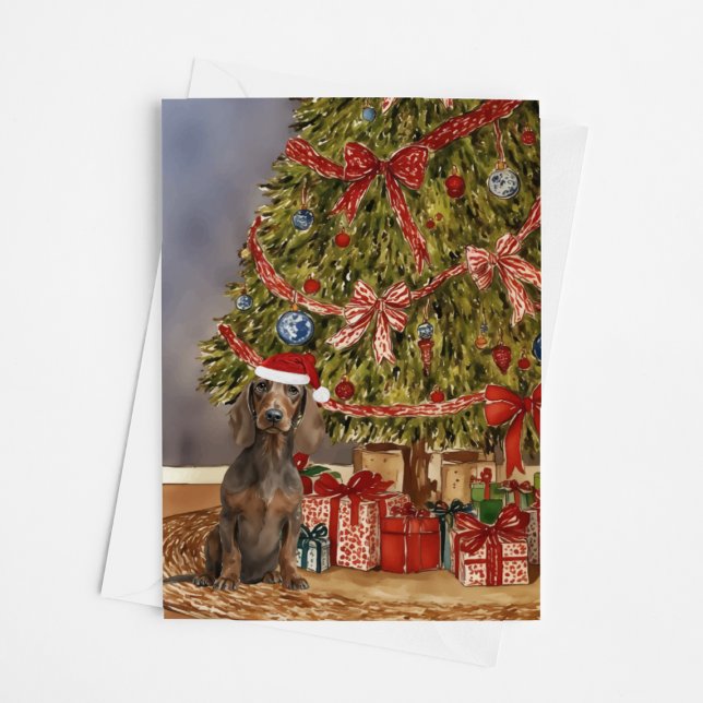 Dachshund Watercolor Under the Christmas Tree Card (Creator Uploaded)