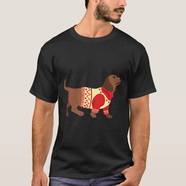 Dachshund Wearing A Christmas Jumper T-Shirt (Front)