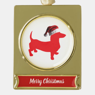 Dachshund wearing a Santa Claus Hat Gold Plated Banner Ornament