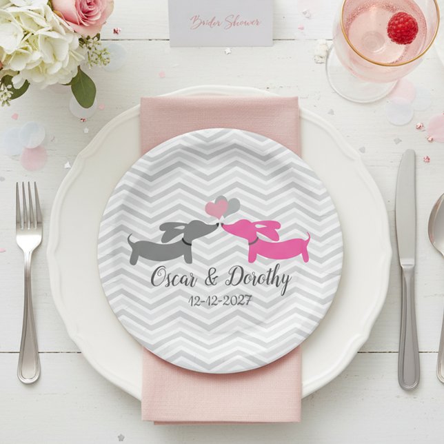Dachshund Wedding Personalise Paper Plates (Wiener dog bridal shower party supplies or wedding reception dessert plates )