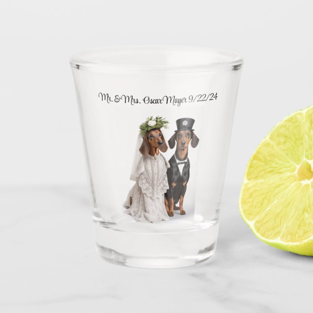 Dachshund Wedding Shot Glass (Front)