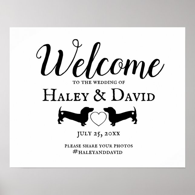 Dachshund Wedding Welcome Sign with Hashtag (Front)