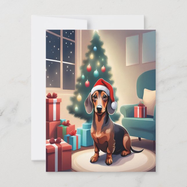 Dachshund Weenie Dog in Santa Hat Christmas Card (Front)