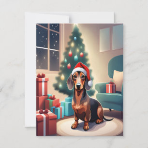 Dachshund Weenie Dog in Santa Hat Christmas Card