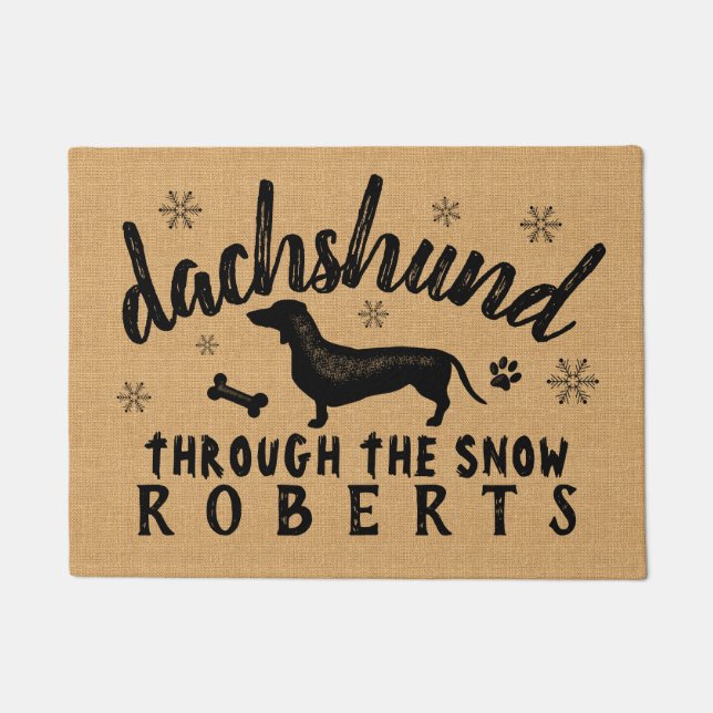 Dachshund Weiner Dog Winter Snow Burlap Custom Doormat (Front)