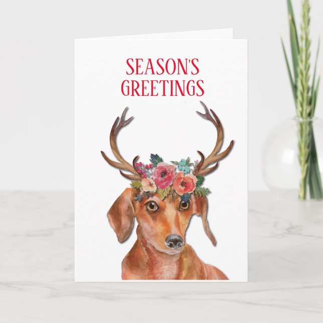 Dachshund Weiner Doxie Daxi Dog Floral Antlers Holiday Card (Front)
