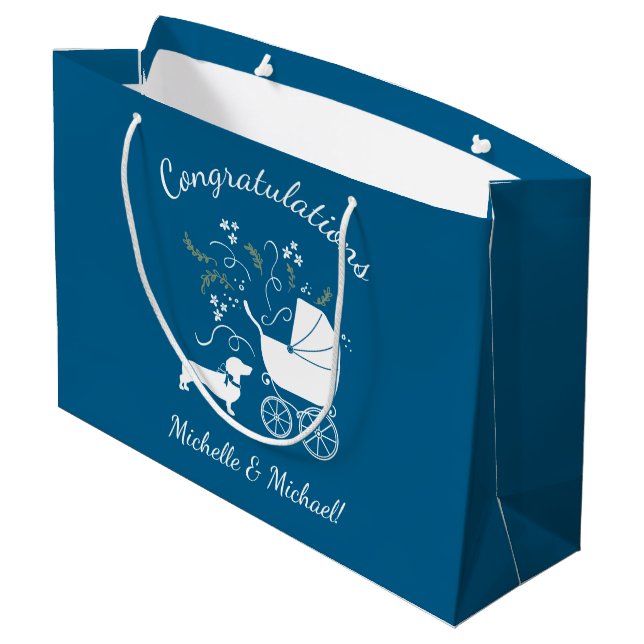 Dachshund Wiener Dog Baby Shower Blue Boy Large Gift Bag (Back Angled)