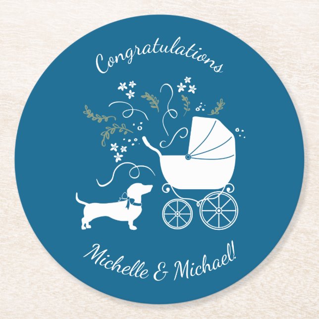 Dachshund Wiener Dog Baby Shower Blue Boy Round Paper Coaster (Front)