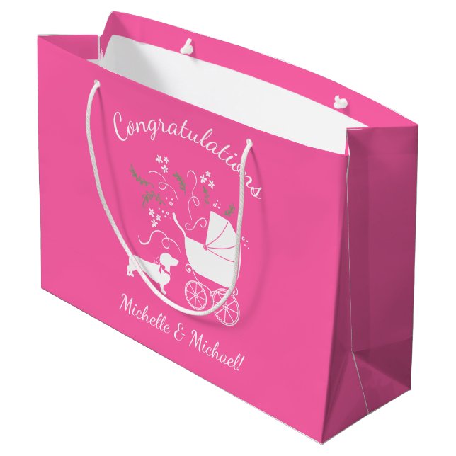 Dachshund Wiener Dog Baby Shower Pink Girl Large Gift Bag (Back Angled)