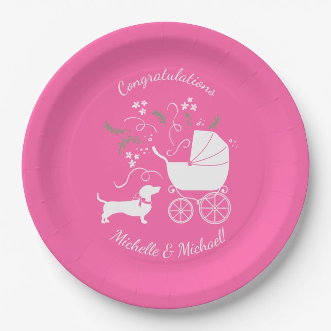 Dachshund Wiener Dog Baby Shower Pink Girl Paper Plate (Front)