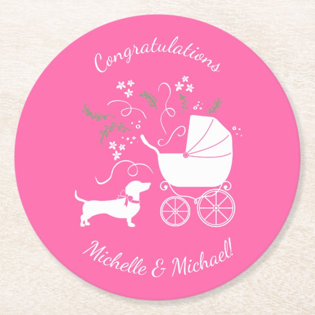Dachshund Wiener Dog Baby Shower Pink Girl Round Paper Coaster (Front)