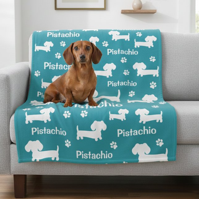 Dachshund Wiener Dog Personalised Blanket Teal (Teal dachshund blanket personalized with dog name and fave color)
