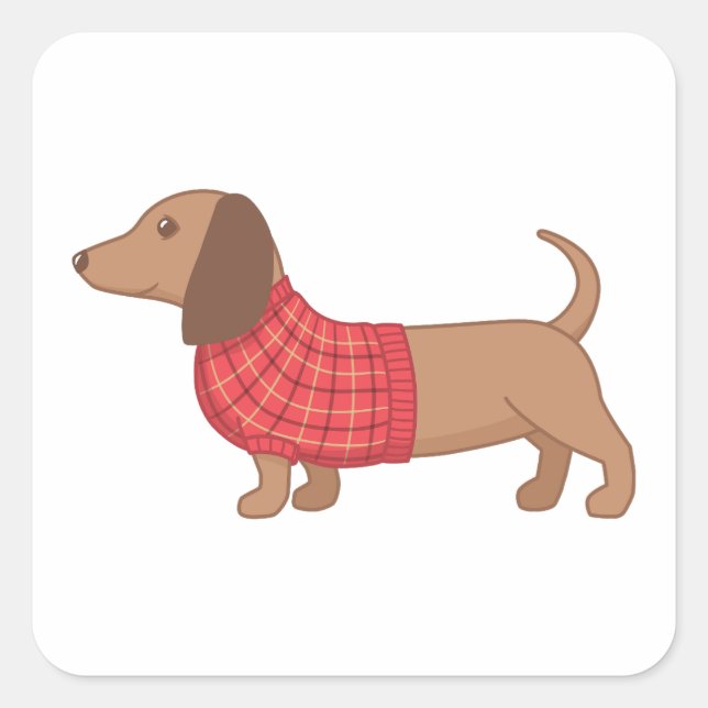 Dachshund Wiener Dog Red Plaid Sweater Square Sticker (Front)
