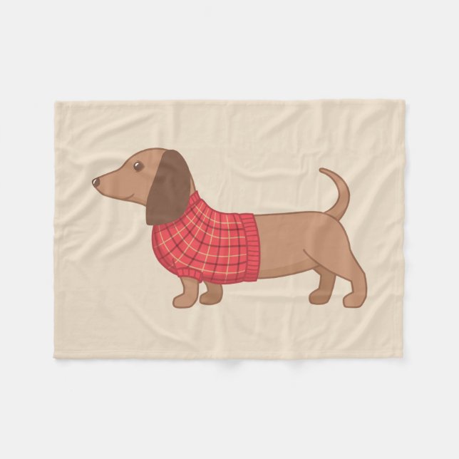 Dachshund Wiener Dog Red Sweater on Beige Fleece Blanket (Front (Horizontal))