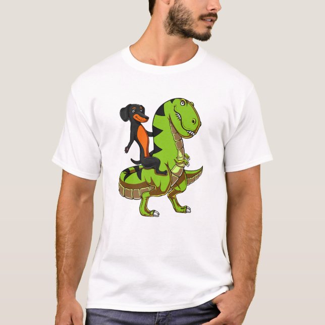 Dachshund Wiener Dog Riding Rex Dinosaur Men Women T-Shirt (Front)