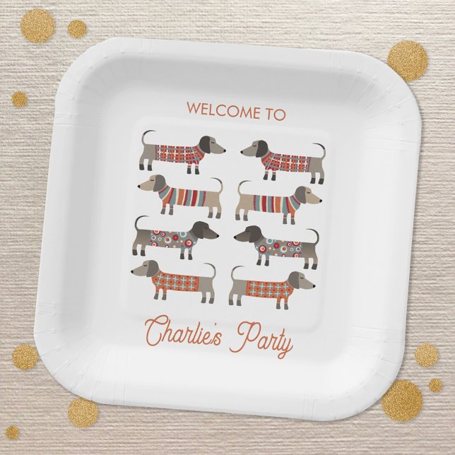 Dachshund Wiener Sausage Dog Personalised Paper Plate (Fun personalized Dachshund Wiener Sausage Dog party paper plates)