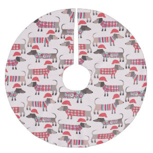 Dachshund Wiener Sausage Dogs in Christmas Hats Brushed Polyester Tree Skirt