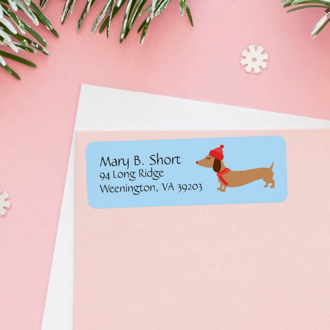 Dachshund Winter Holiday Return Address Labels (Send cozy holiday wishes with our sweet return address label featuring a dachshund in a cap & scarf)