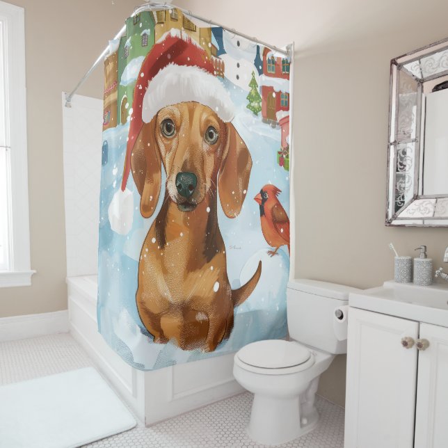 Dachshund Winter Wonderland Christmas Joy Shower Curtain (In Situ)